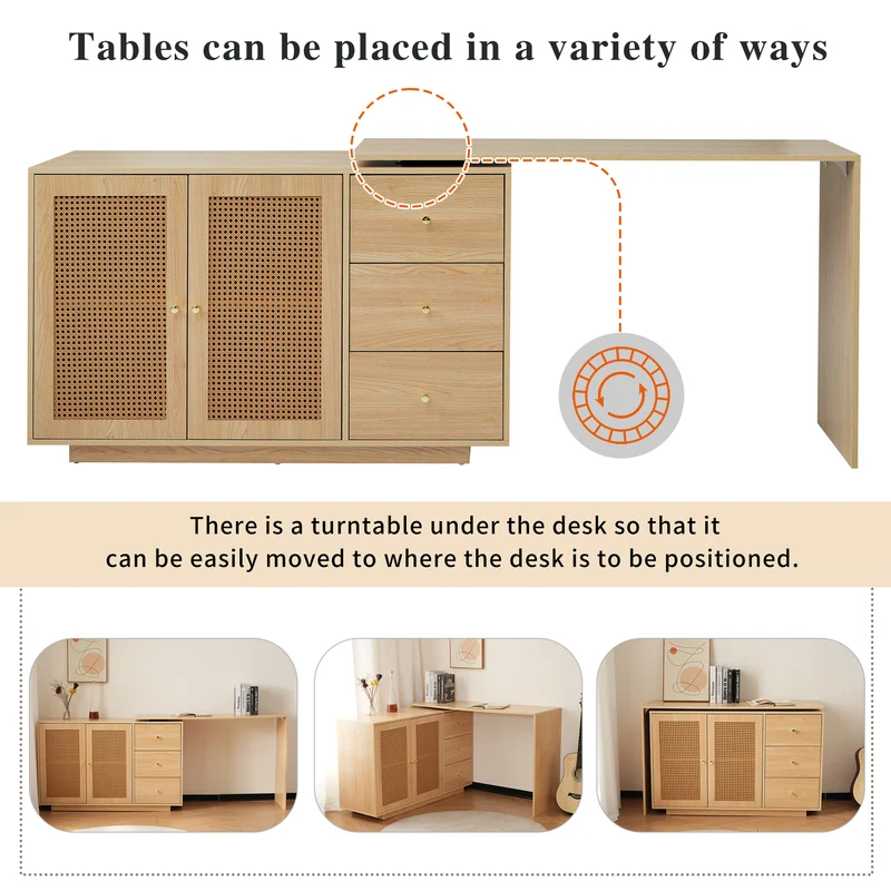 Bureau d'angle modulable plateau pivotant à 360° effet bois clair portes en rotin 3 tiroirs OBELISKSPIRE