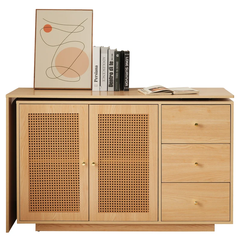 Bureau d'angle modulable plateau pivotant à 360° effet bois clair portes en rotin 3 tiroirs OBELISKSPIRE