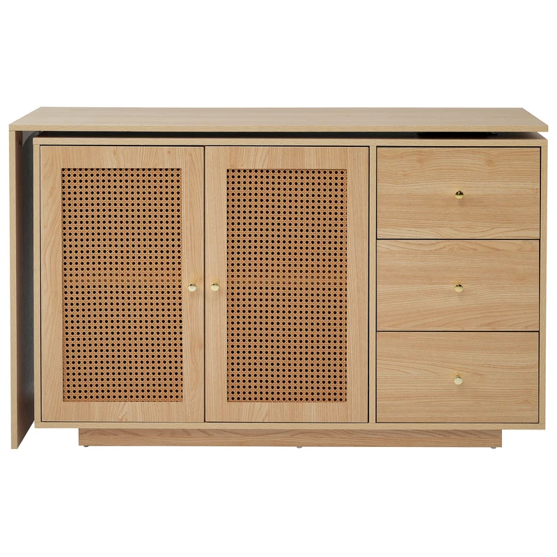 Bureau d'angle modulable plateau pivotant à 360° effet bois clair portes en rotin 3 tiroirs OBELISKSPIRE
