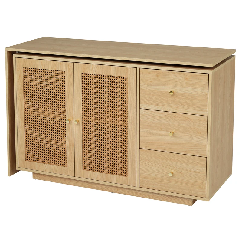 Bureau d'angle modulable plateau pivotant à 360° effet bois clair portes en rotin 3 tiroirs OBELISKSPIRE