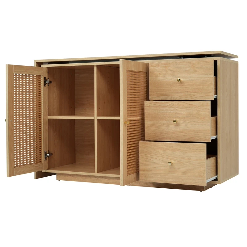 Bureau d'angle modulable plateau pivotant à 360° effet bois clair portes en rotin 3 tiroirs OBELISKSPIRE