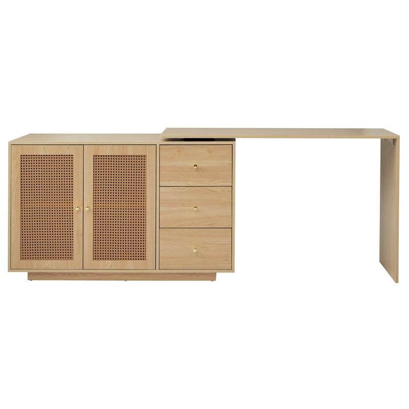Bureau d'angle modulable plateau pivotant à 360° effet bois clair portes en rotin 3 tiroirs OBELISKSPIRE