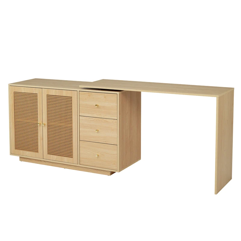 Bureau d'angle modulable plateau pivotant à 360° effet bois clair portes en rotin 3 tiroirs OBELISKSPIRE