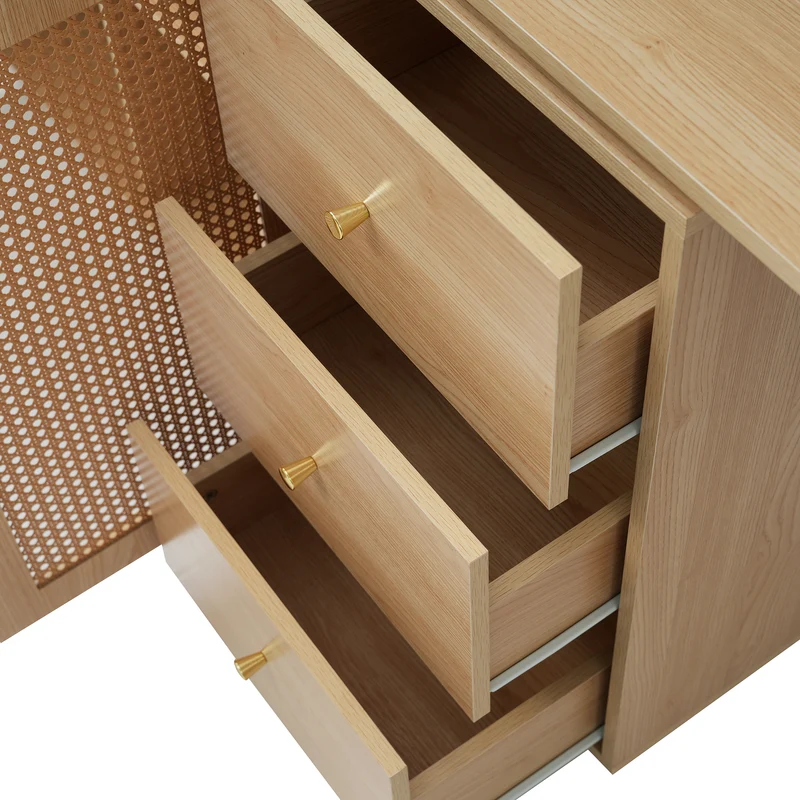 Bureau d'angle modulable plateau pivotant à 360° effet bois clair portes en rotin 3 tiroirs OBELISKSPIRE