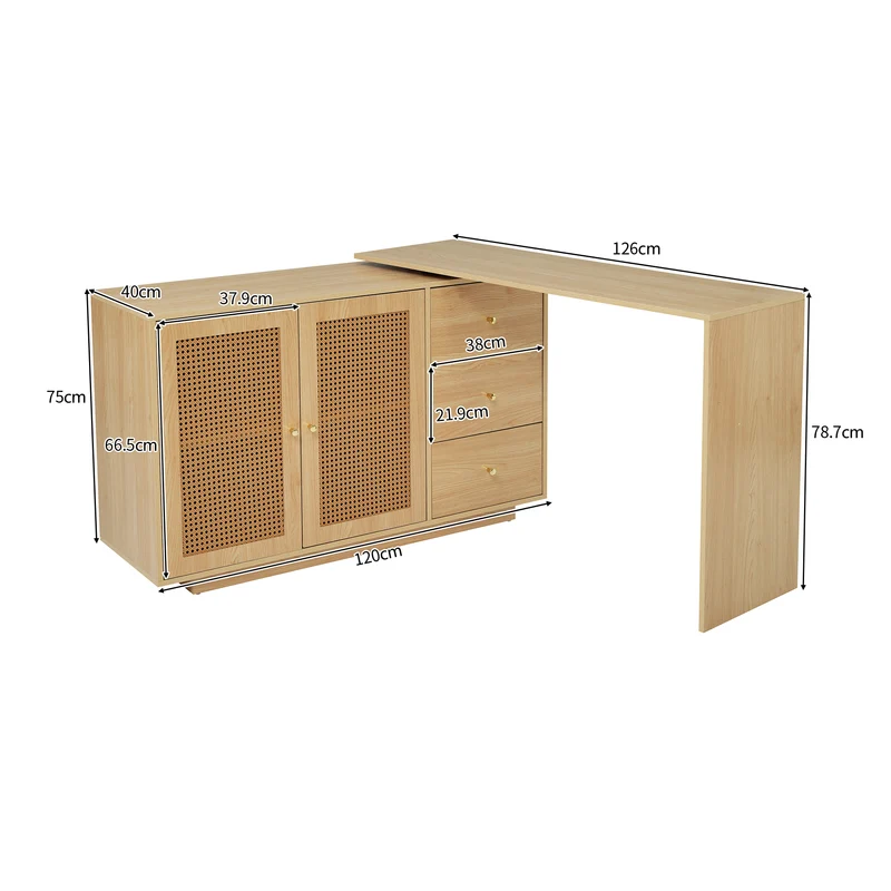 Bureau d'angle modulable plateau pivotant à 360° effet bois clair portes en rotin 3 tiroirs OBELISKSPIRE