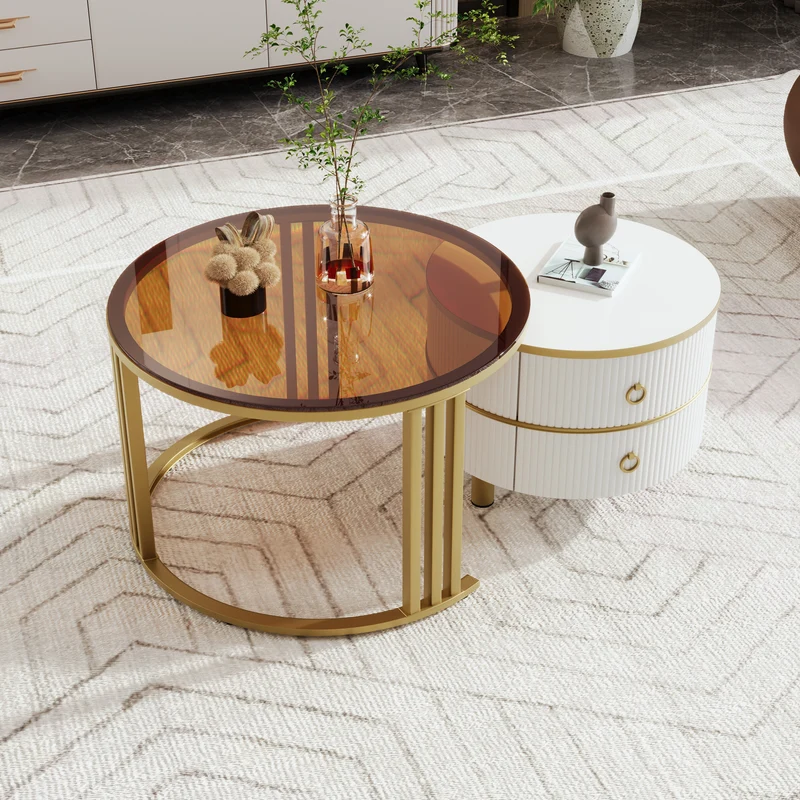 Table basse gigogne luxe blanc et doré 2 tiroirs verre teinté OLNE