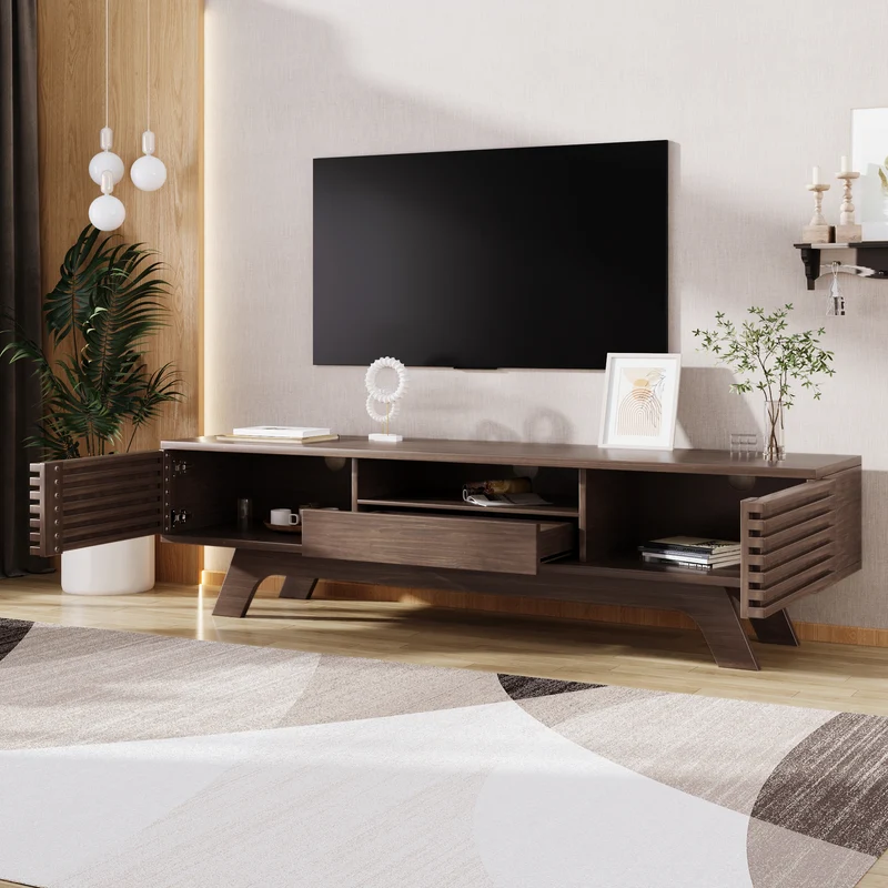 Meuble TV vintage rétro effet bois avec tiroir 2 portes MUQAK