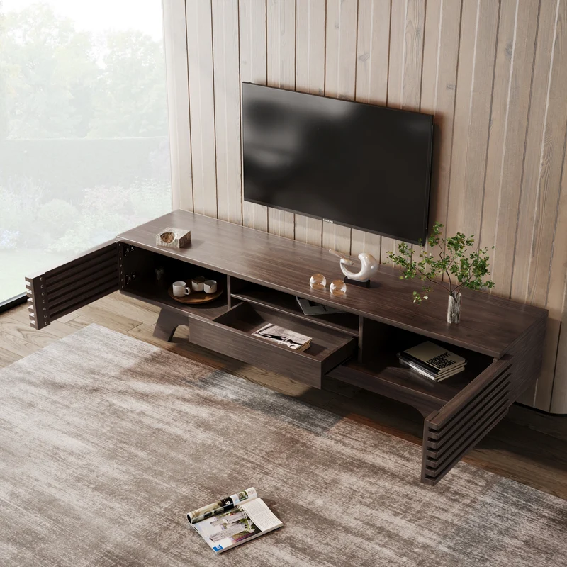 Meuble TV vintage rétro effet bois avec tiroir 2 portes MUQAK