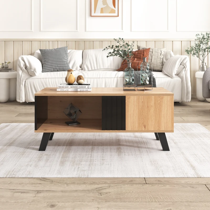 Table basse rectangulaire industriel effet bois et noir rangement 3 cotés 100x60x43cm TRONNEALL
