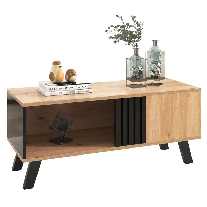Table basse rectangulaire industriel effet bois et noir rangement 3 cotés 100x60x43cm TRONNEALL