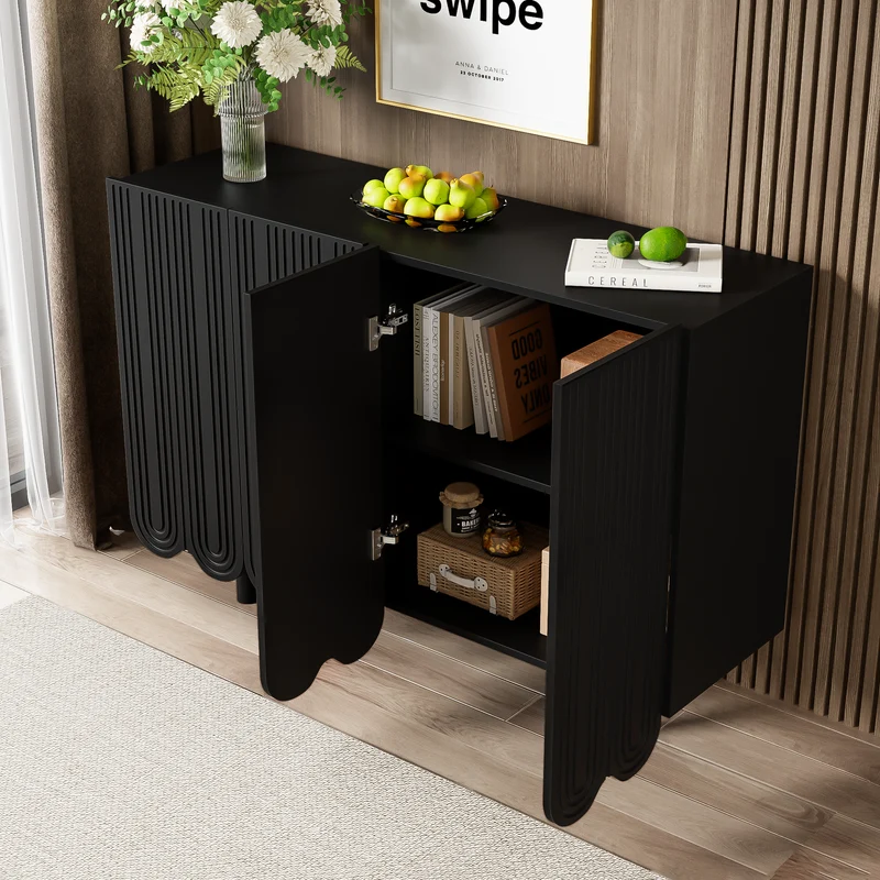 Buffet noir 4 portes avec motif et rangement 120*37.5*80.8 cm EVRENS BLACK