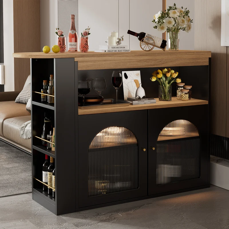 Table de bar extensible rotative moderne noir avec rangement et bande lumineuse LED THRUTELS BLACK
