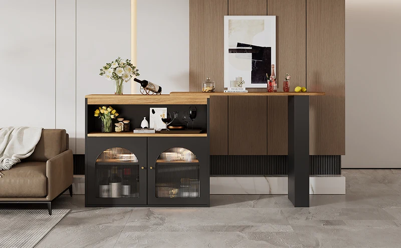 Table de bar extensible rotative moderne noir avec rangement et bande lumineuse LED THRUTELS BLACK