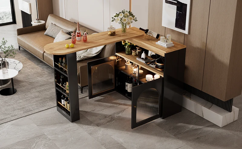 Table de bar extensible rotative moderne noir avec rangement et bande lumineuse LED THRUTELS BLACK