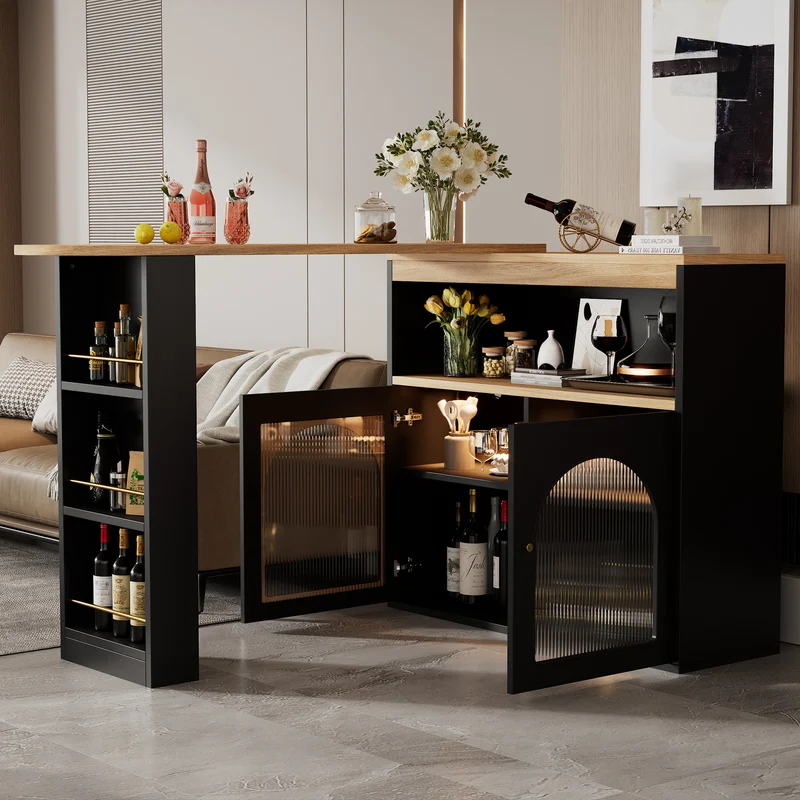 Table de bar extensible rotative moderne noir avec rangement et bande lumineuse LED THRUTELS BLACK