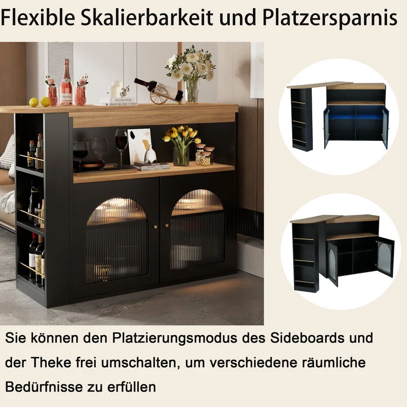 Table de bar extensible rotative moderne noir avec rangement et bande lumineuse LED THRUTELS BLACK