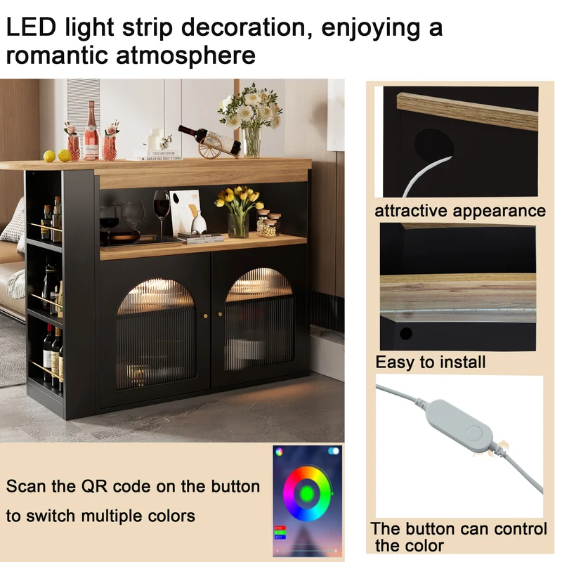 Table de bar extensible rotative moderne noir avec rangement et bande lumineuse LED THRUTELS BLACK