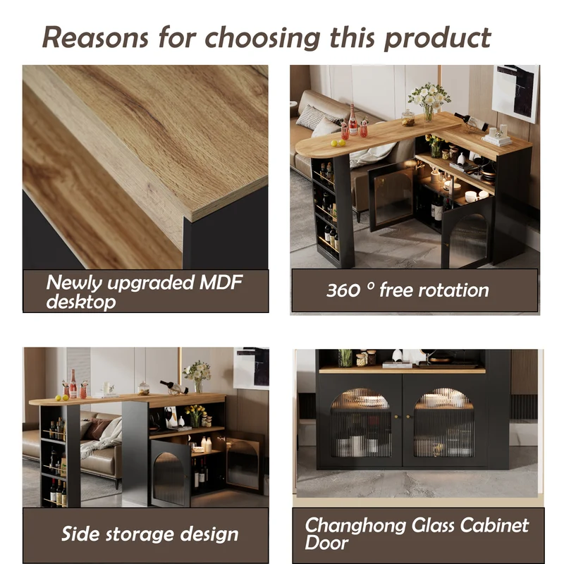 Table de bar extensible rotative moderne noir avec rangement et bande lumineuse LED THRUTELS BLACK