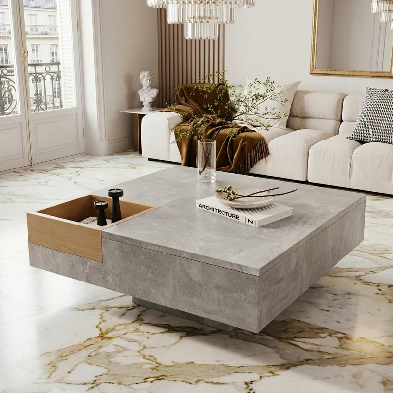 Table basse carré moderne effet béton gris et une boit de rangement bois nature 72*72*30 CROKS