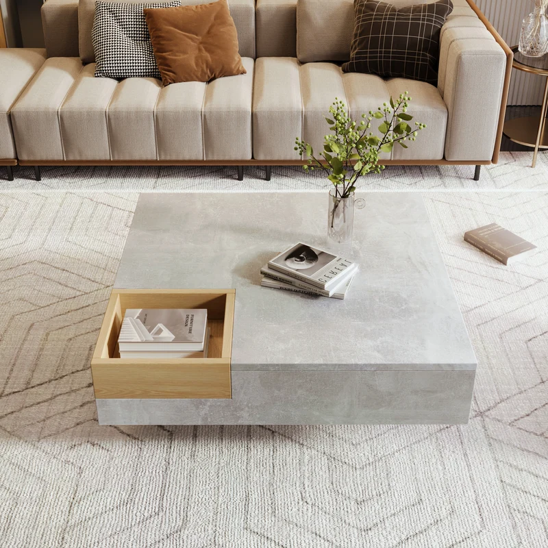Table basse carré moderne effet béton gris et une boit de rangement bois nature 72*72*30 CROKS