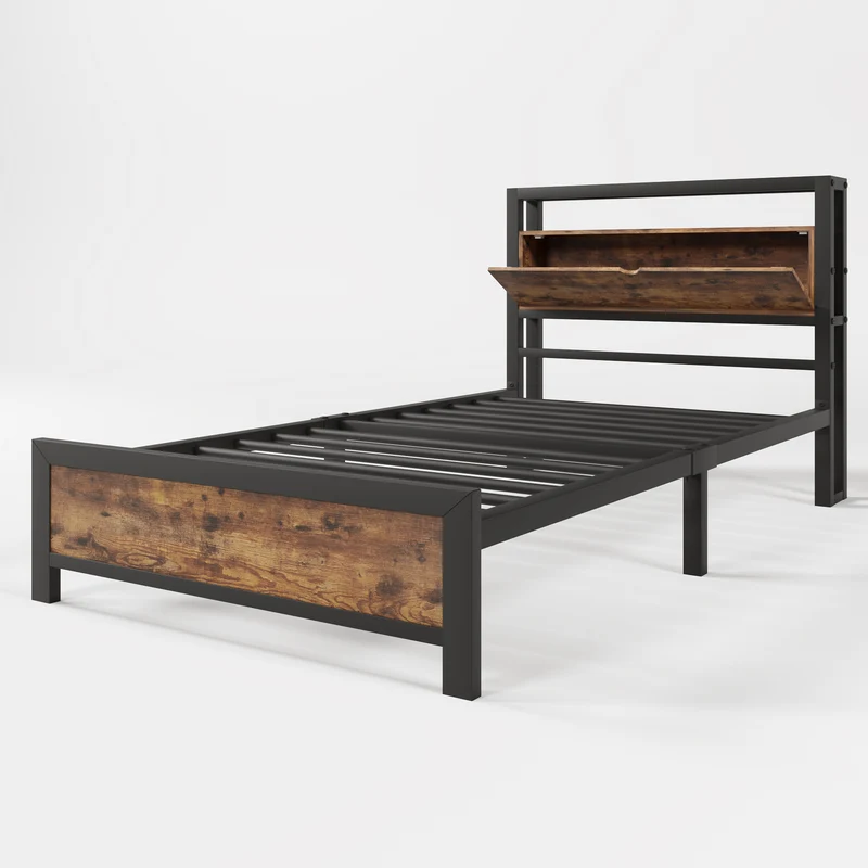 Lit simple industriel avec tête de lit rangement effet bois noyer et noir 90x200cm IKKIEL