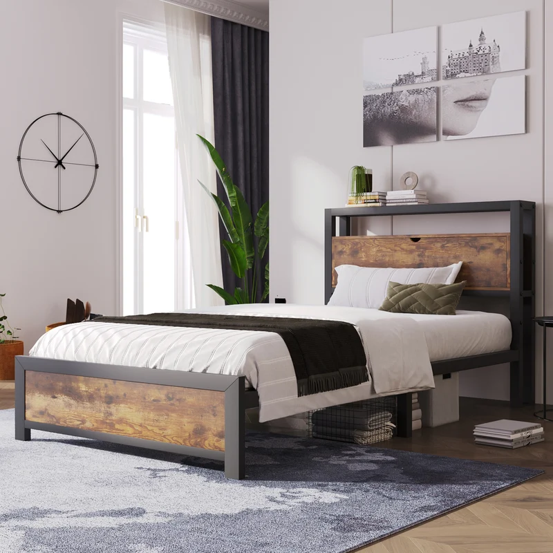 Lit simple industriel avec tête de lit rangement effet bois noyer et noir 90x200cm IKKIEL