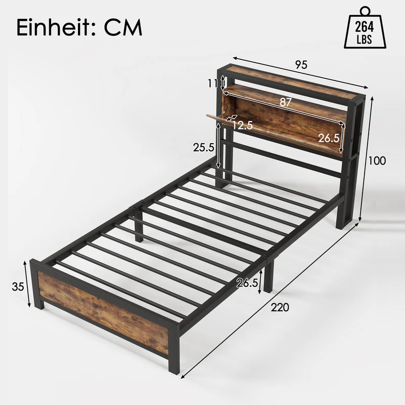 Lit simple industriel avec tête de lit rangement effet bois noyer et noir 90x200cm IKKIEL