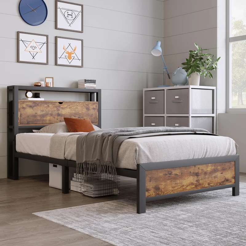 Lit simple industriel avec tête de lit rangement effet bois noyer et noir 90x200cm IKKIEL