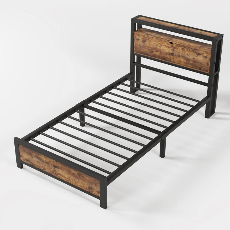 Lit simple industriel avec tête de lit rangement effet bois noyer et noir 90x200cm IKKIEL