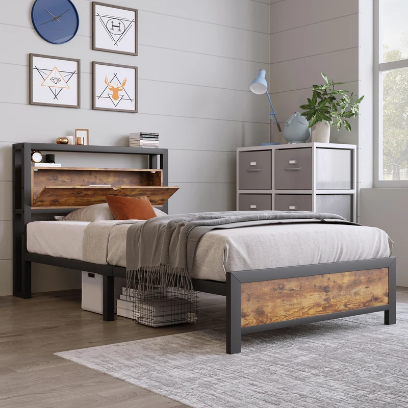 Lit simple industriel avec tête de lit rangement effet bois noyer et noir 90x200cm IKKIEL