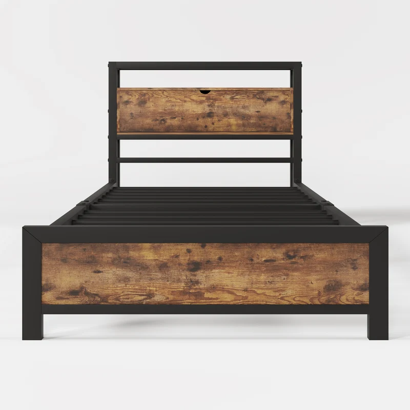 Lit simple industriel avec tête de lit rangement effet bois noyer et noir 90x200cm IKKIEL