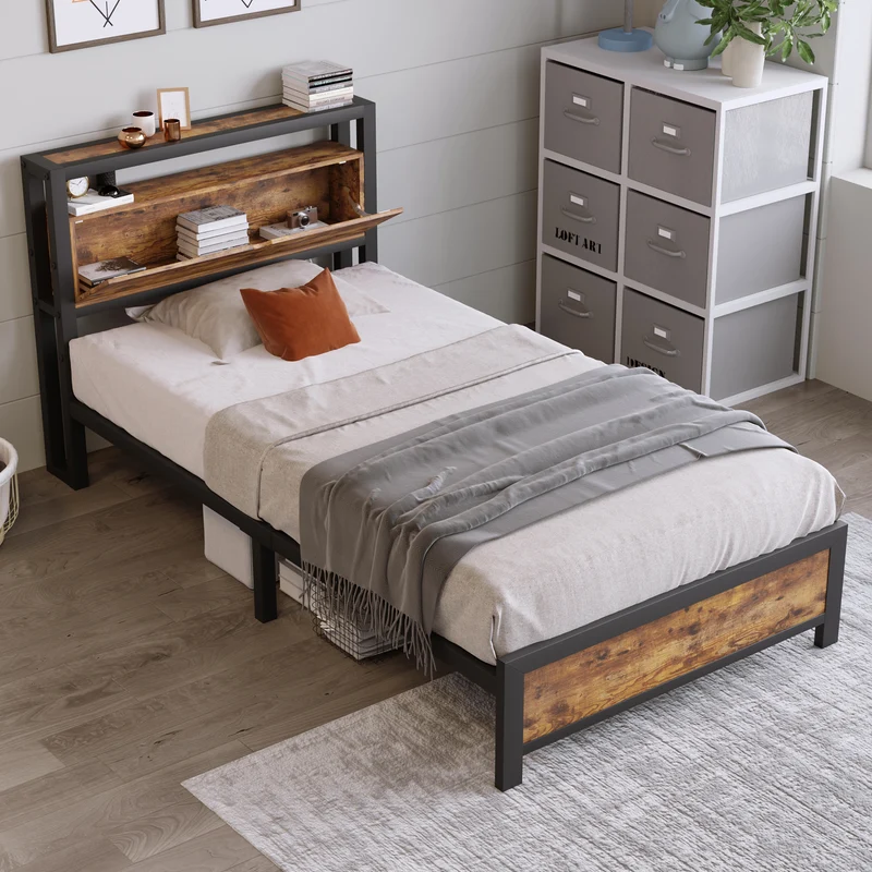 Lit simple industriel avec tête de lit rangement effet bois noyer et noir 90x200cm IKKIEL