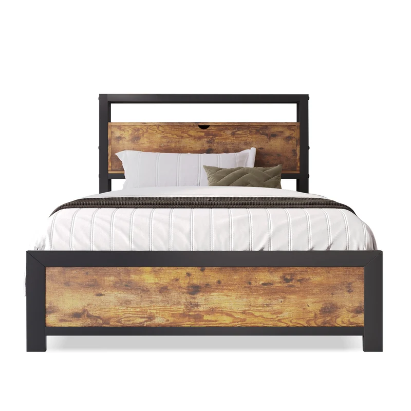 Lit simple industriel avec tête de lit rangement effet bois noyer et noir 90x200cm IKKIEL