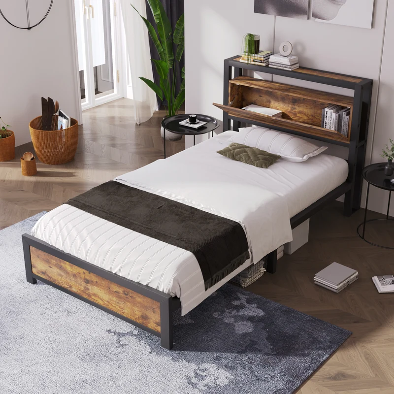 Lit simple industriel avec tête de lit rangement effet bois noyer et noir 90x200cm IKKIEL