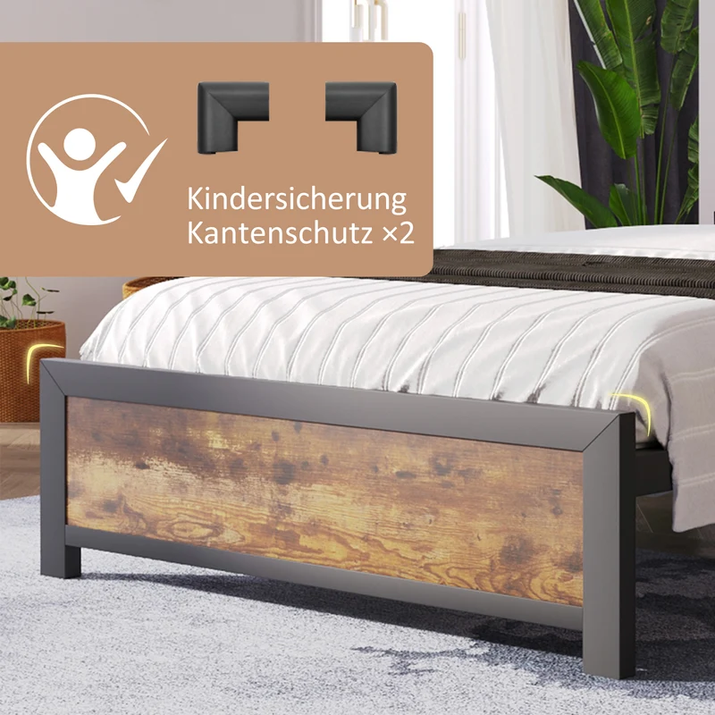 Lit simple industriel avec tête de lit rangement effet bois noyer et noir 90x200cm IKKIEL