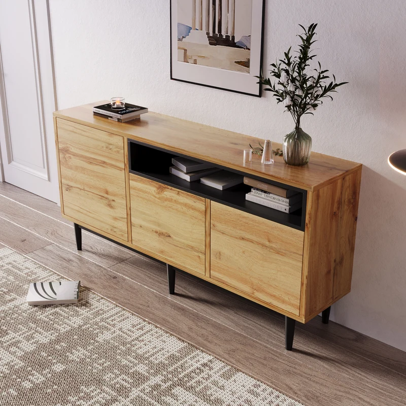 Buffet moderne en bois avec 3 portes 1 niche et étagères 160x35x76 cm OMHAT