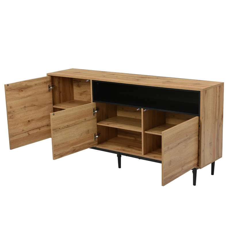 Buffet moderne en bois avec 3 portes 1 niche et étagères 160x35x76 cm OMHAT