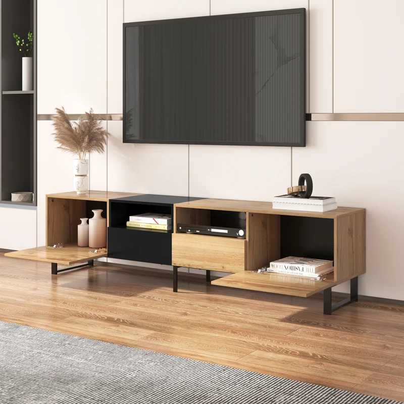 Meuble TV moderne au design noir et bois avec espace de rangement spacieux MODAI