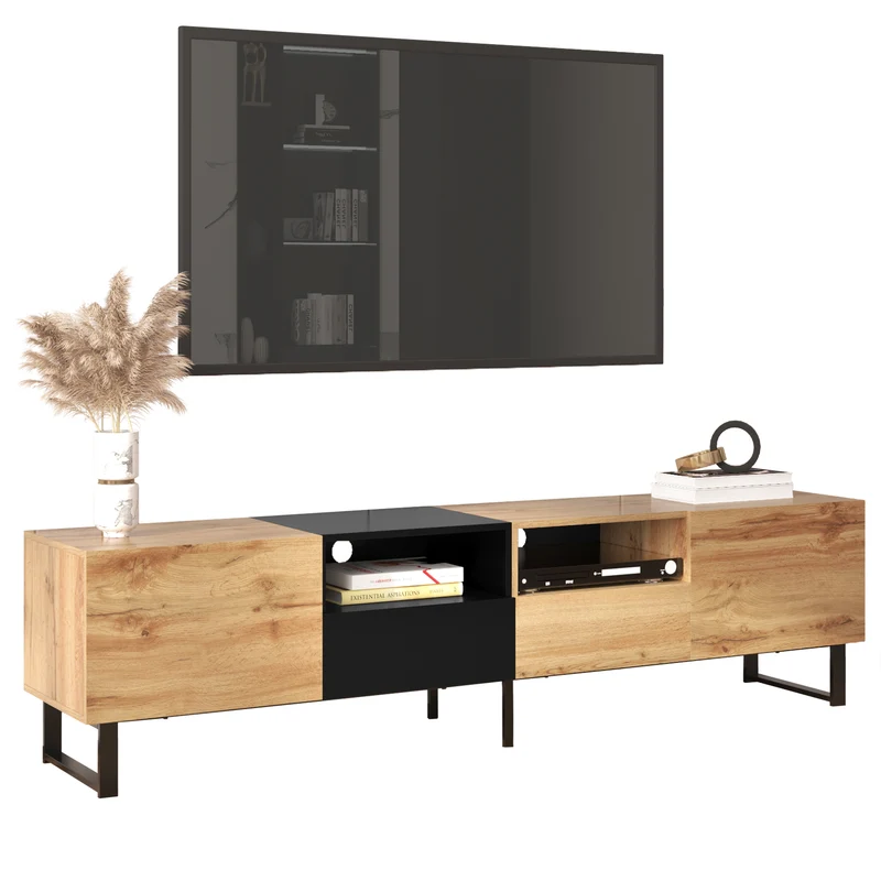 Meuble TV moderne au design noir et bois avec espace de rangement spacieux MODAI