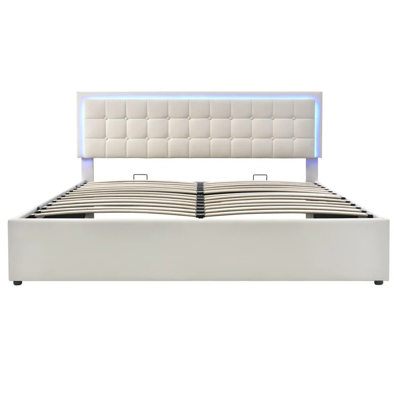Lit coffre double PU blanc rembourré avec tête de lit haute, éclairage LED 160*200cm STUDDU