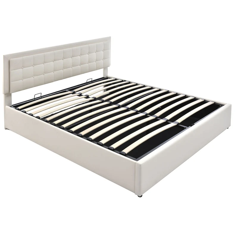 Lit coffre double PU blanc rembourré avec tête de lit haute, éclairage LED 160*200cm STUDDU