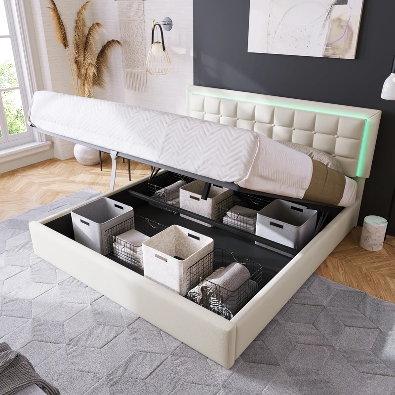 Lit coffre double PU blanc rembourré avec tête de lit haute, éclairage LED 160*200cm STUDDU