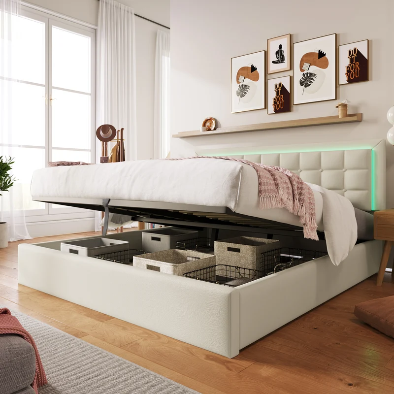 Lit coffre double PU blanc rembourré avec tête de lit haute, éclairage LED 160*200cm STUDDU