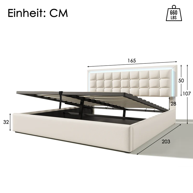 Lit coffre double PU blanc rembourré avec tête de lit haute, éclairage LED 160*200cm STUDDU
