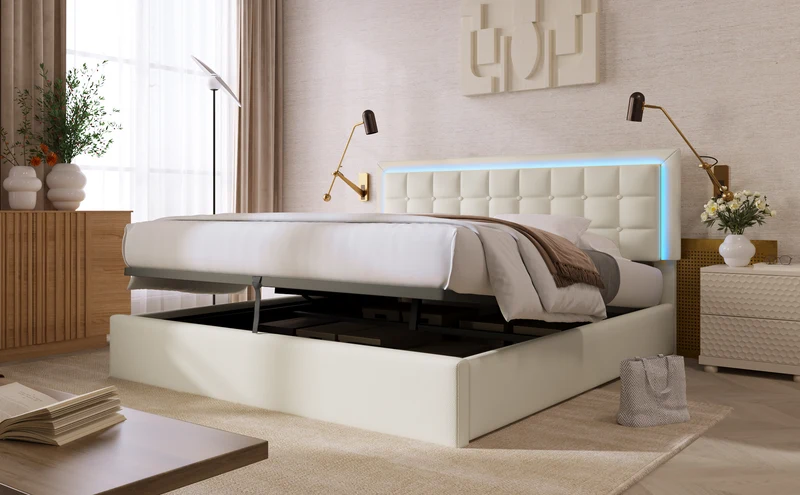 Lit coffre double PU blanc rembourré avec tête de lit haute, éclairage LED 160*200cm STUDDU