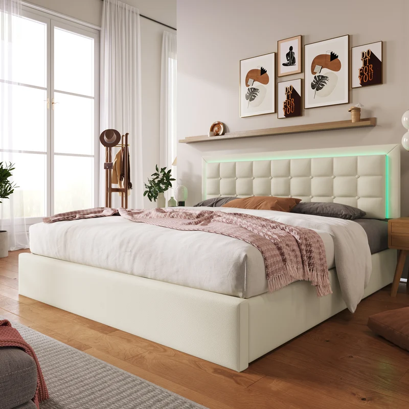 Lit coffre double PU blanc rembourré avec tête de lit haute, éclairage LED 160*200cm STUDDU