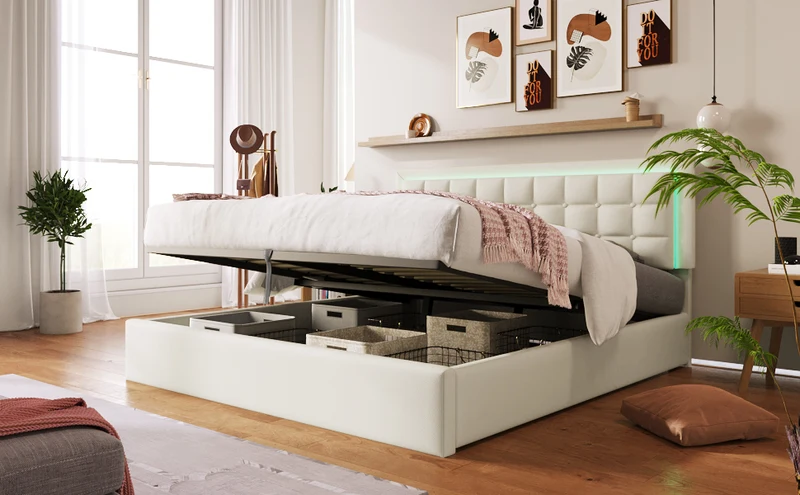 Lit coffre double PU blanc rembourré avec tête de lit haute, éclairage LED 160*200cm STUDDU