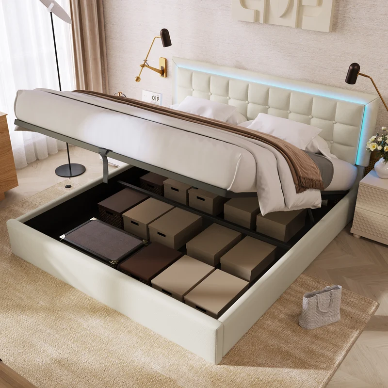 Lit coffre double PU blanc rembourré avec tête de lit haute, éclairage LED 160*200cm STUDDU