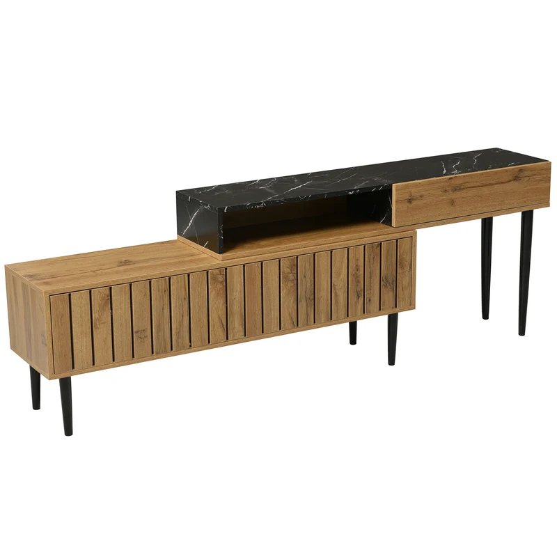Meuble TV moderne extensible effet marbre noir et bois PVC pieds en acier noir PHOGNAIN