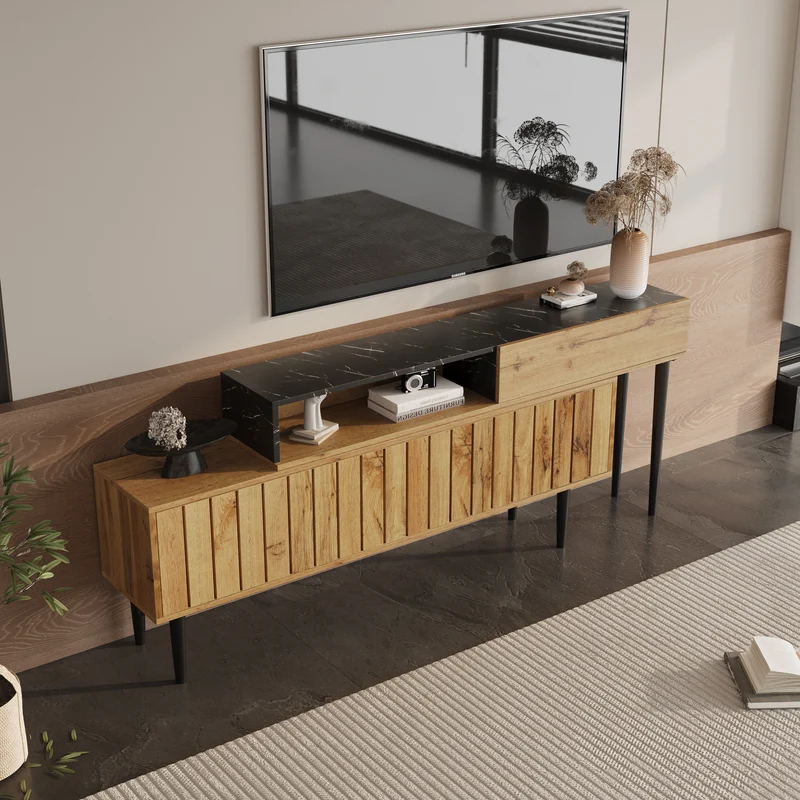 Meuble TV moderne extensible effet marbre noir et bois PVC pieds en acier noir PHOGNAIN